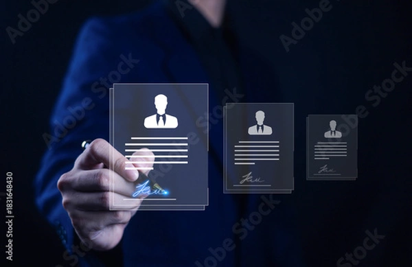 Fototapeta A business professional selecting a digital resume interface with glowing signature, representing recruitment, HR technology, candidate evaluation, online hiring process, modern workforce management.