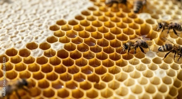 Obraz Honey bees diligently working on their golden honeycomb