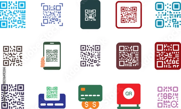 Fototapeta QR codes and mobile payment icons with currency QR code