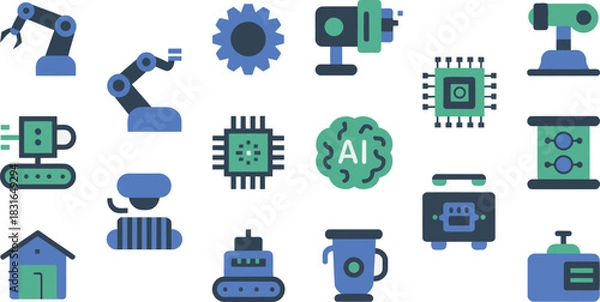 Fototapeta Robotics, AI, and Industrial Icons in Blue and Green Color