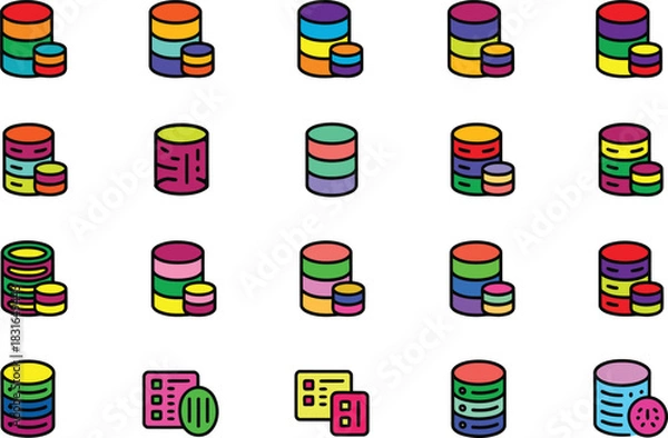 Fototapeta Stacked cylinder icons representing data storage and databases in bright colors