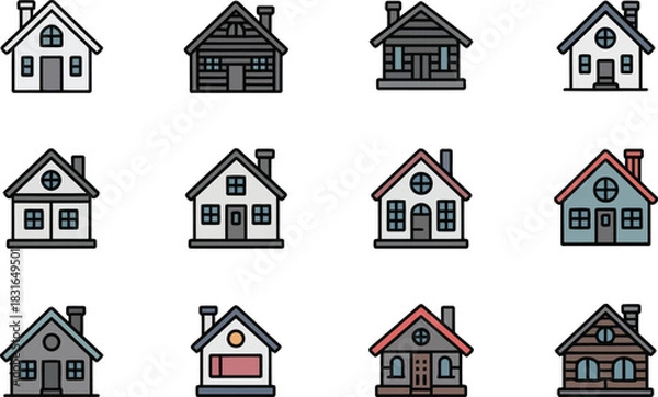 Fototapeta Twelve simple cartoon icons of houses with pitched roofs and chimneys
