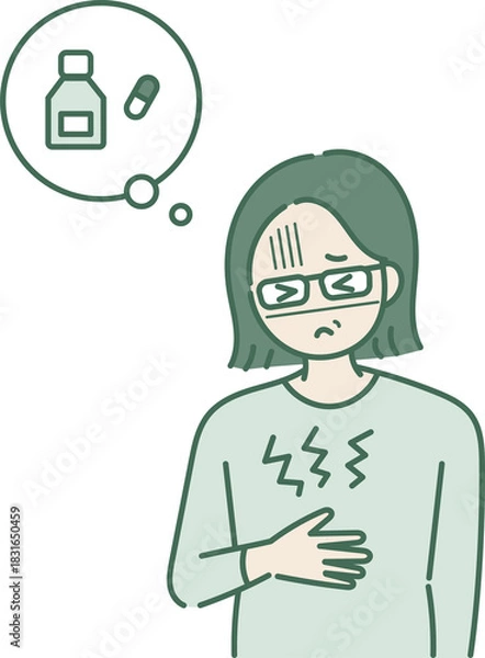 Fototapeta 胃が痛い40代女性のイラスト