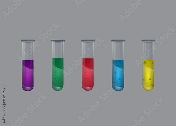 Obraz Set of multi-colored laboratory glass test tubes with liquid, vials, research, experiments, flask