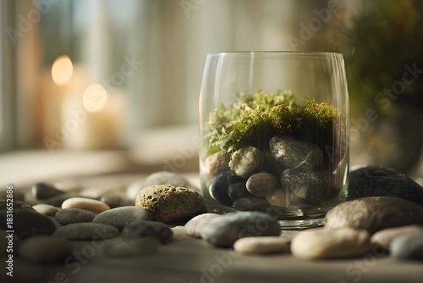 Fototapeta Glass terrarium showcasing green moss and smooth pebbles, forming a minimalist natural ecosystem providing a sense of calm, tranquility, and environmental connection
