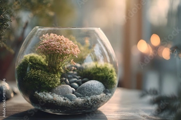 Obraz Glass terrarium creating a peaceful miniature zen garden with moss, rocks, and small pink flowers on a wooden table, bringing nature indoors for a sense of calm