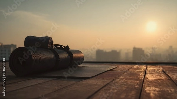Obraz Yoga mat and towel on a wooden rooftop deck at sunrise, ready for a peaceful outdoor yoga and meditation session overlooking the calm city skyline, wellness and balance