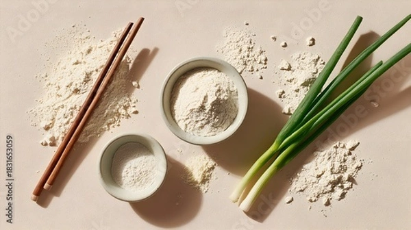 Obraz Preparing natural homemade asian cuisine ingredients with bowls of flour, fresh green scallions, and chopsticks on a light background, viewed from above, creating a cooking flat lay