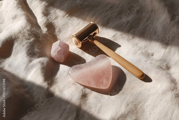 Obraz Rose quartz gua sha and face roller, natural crystal tools for skincare, promoting beauty, wellness, and self-care routines for healthy glow