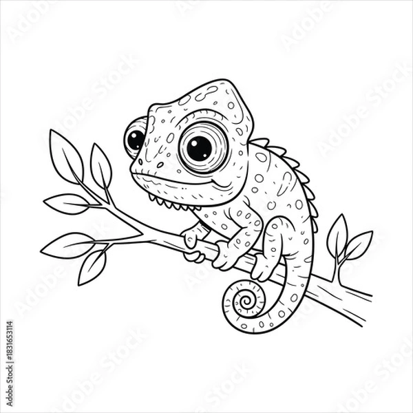 Fototapeta A Tiny chameleon on a tree branch black line art, white background