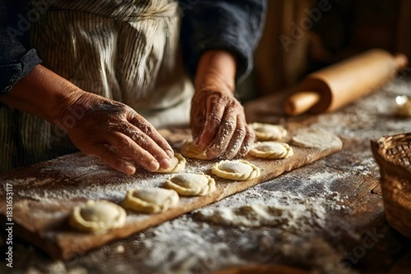 Fototapeta Elderly hands skillfully shaping homemade traditional dumplings on a rustic wooden board, preparing fresh comfort food with flour and dough, a process of authentic cooking