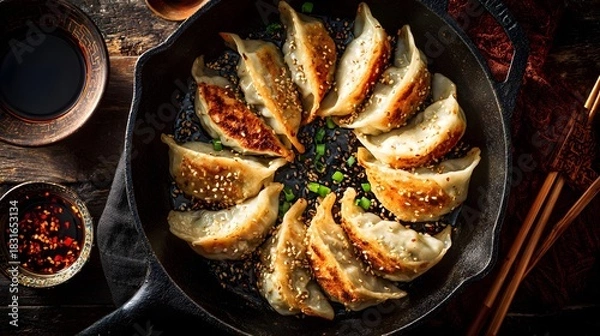 Fototapeta Pan-fried gyoza in a cast iron skillet, golden crispy edges topped with sesame seeds and green onions, served with soy sauce and chili oil on a dark wooden table