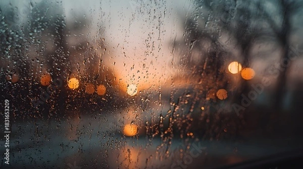 Fototapeta Raindrops coating a glass surface, blurring the background into vibrant bokeh circles from city street lights and a warm sunset sky, evoking a moody and reflective urban atmosphere