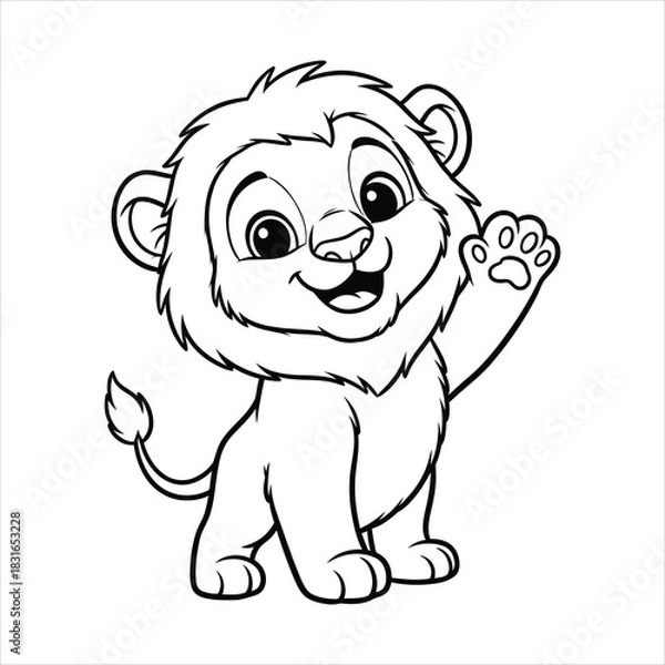 Fototapeta A Smiling lion cub waving happily black line art, white background