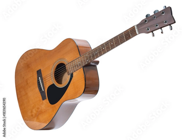 Fototapeta Classic acoustic guitar isolated on white with clipping path, showcasing its wood texture and clean craftsmanship perfect for music-themed content PNG File.