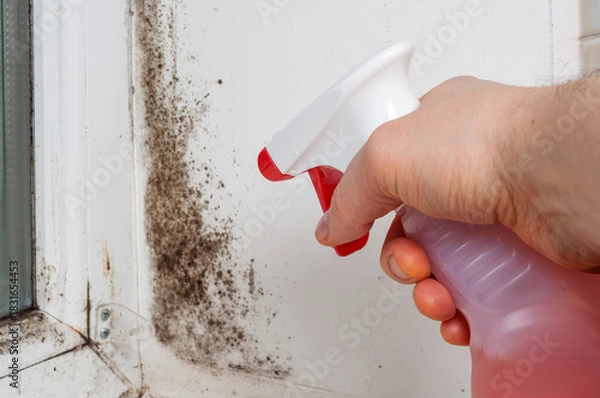 Fototapeta Spraying mold with a cleaning solution on a window frame