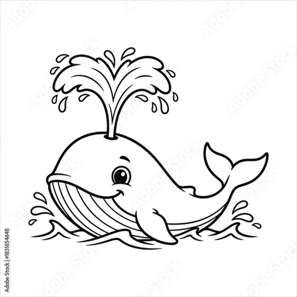 Fototapeta A Whale spouting water into the air black line art, white background