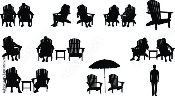Fototapeta Adirondack Chair Silhouette Collection Featuring Outdoor Seating, People Interacting, Tables, and Umbrella for Leisure, Garden, and Vector Design Use