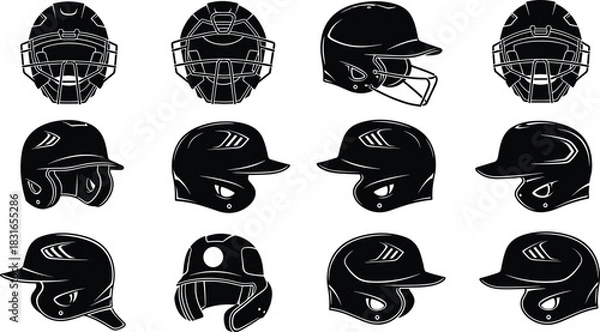 Fototapeta Baseball Helmet and Catcher Mask Silhouette Set Featuring Protective Gear Designs for Sports Safety, Equipment Comparison, and Vector Illustration Use