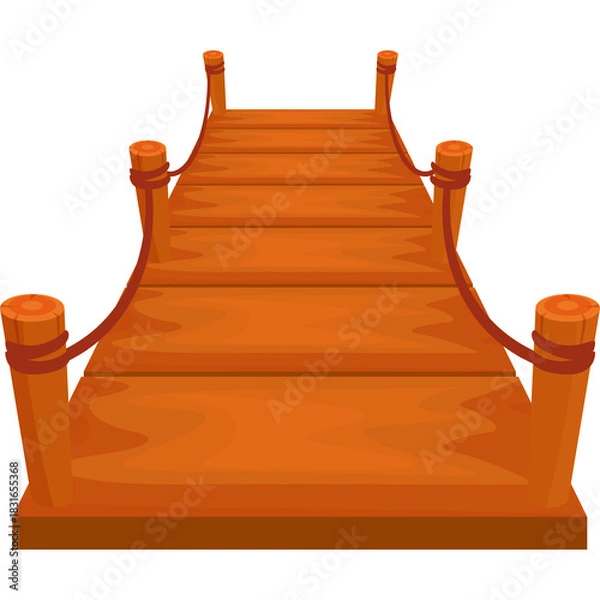 Fototapeta Wooden Pier Bridge With Ropes and Posts Isometric 3D Icon on Transparent Background