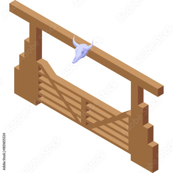 Fototapeta Wooden Ranch Gate with Bull Skull Decoration in Isometric View on Transparent Background