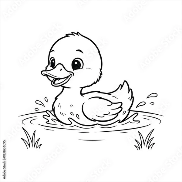 Fototapeta Adorable duckling swimming in a pond black line art, white background