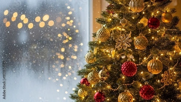 Fototapeta Decorated Christmas tree with ornaments and lights near a window with bokeh and snow effect.