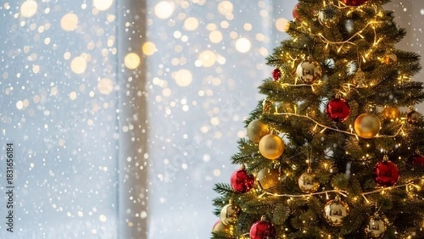 Fototapeta Decorated Christmas tree with gold and red ornaments, and bokeh lights in the background.