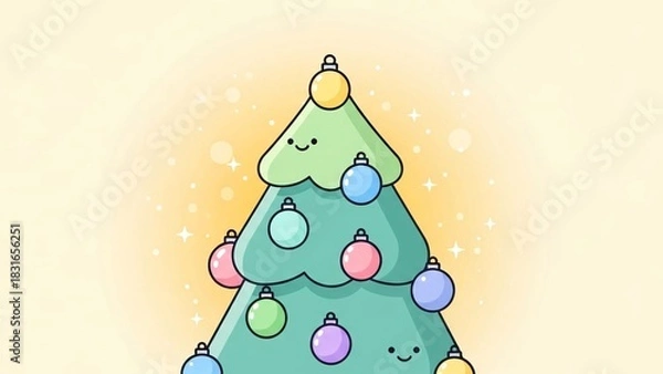 Fototapeta A cheerful cartoon Christmas tree decorated with colorful ornaments and a smiling face.