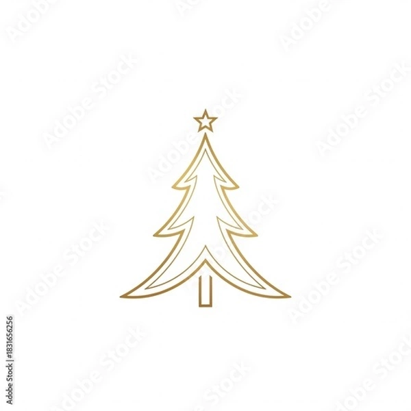 Fototapeta Minimalist golden Christmas tree outline with a star on top, isolated on a white background.