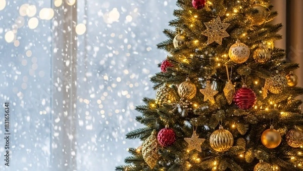 Fototapeta A decorated Christmas tree glows with lights and ornaments, with falling snow visible through the window.