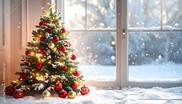 Fototapeta Decorated Christmas tree stands near a window with a snowy winter scene outside, creating a festive holiday atmosphere.