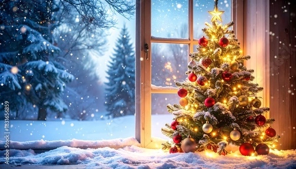 Fototapeta Christmas tree decorated with ornaments and lights, seen through a window with a snowy winter landscape outside.