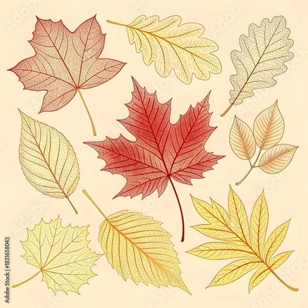 Fototapeta Seamless autumn pattern with colorful maple and oak leaves vector illustration