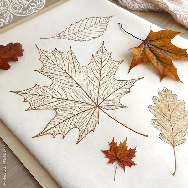 Fototapeta Autumnal maple and oak leaves form a vibrant orange, yellow, and red foliage pattern on a brown wooden background
