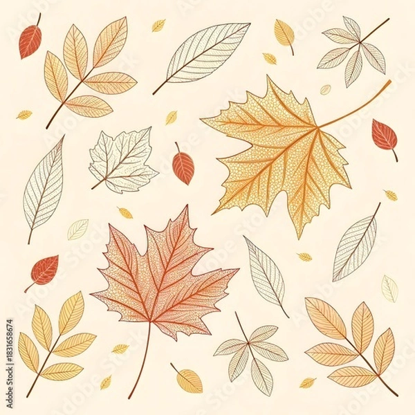 Fototapeta Seamless vector pattern of autumn maple and oak leaves in yellow and orange fall foliage colors
