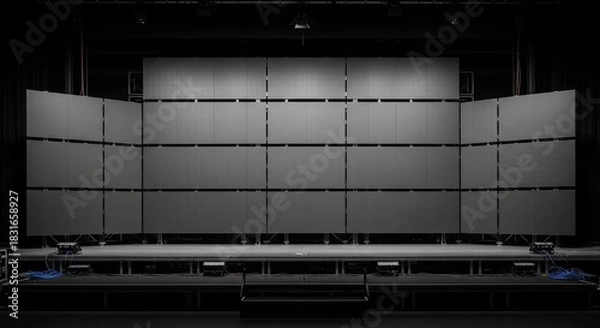 Fototapeta Modern Stage Backdrop with Geometric Panels and Lighting Rig.