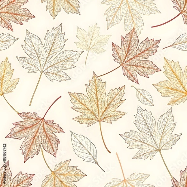 Fototapeta Seamless autumnal pattern featuring fall maple and oak leaves in yellow, orange, and brown tones