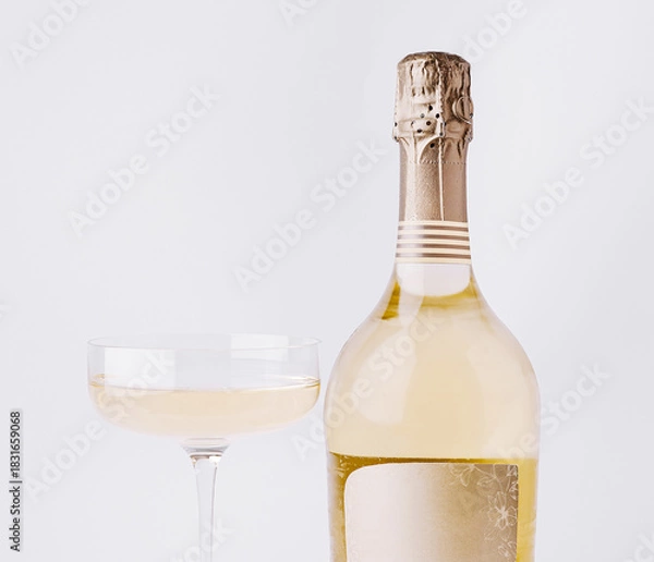 Fototapeta Elegant sparkling wine and champagne glass on a plain background