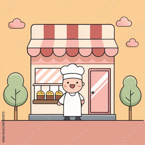 Fototapeta Cute baker standing outside a charming bakery shop with pastries