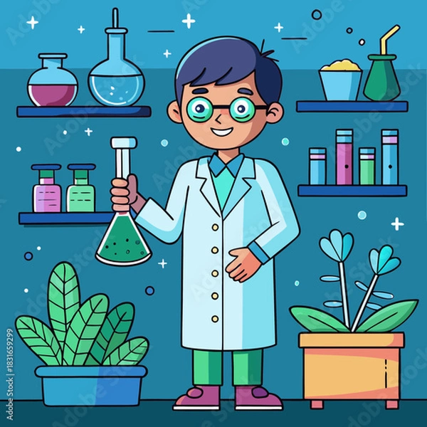 Fototapeta Young scientist in lab coat holds flask amidst scientific equipment and plants