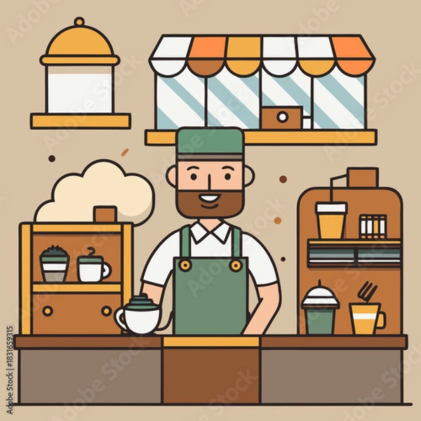 Fototapeta Friendly barista serves coffee behind a counter in a modern cafe