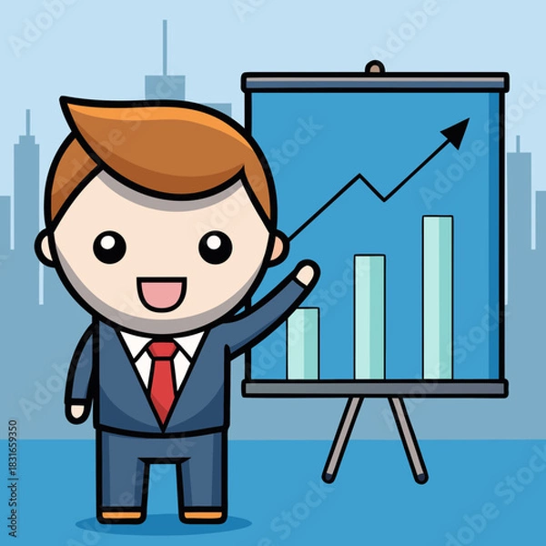 Fototapeta Happy businessman presents upward trending bar chart and line graph