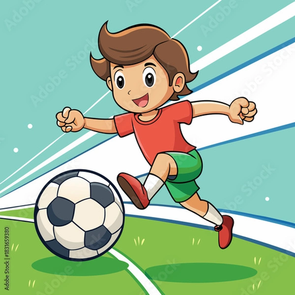Fototapeta Joyful cartoon boy kicking a soccer ball on a vibrant green field