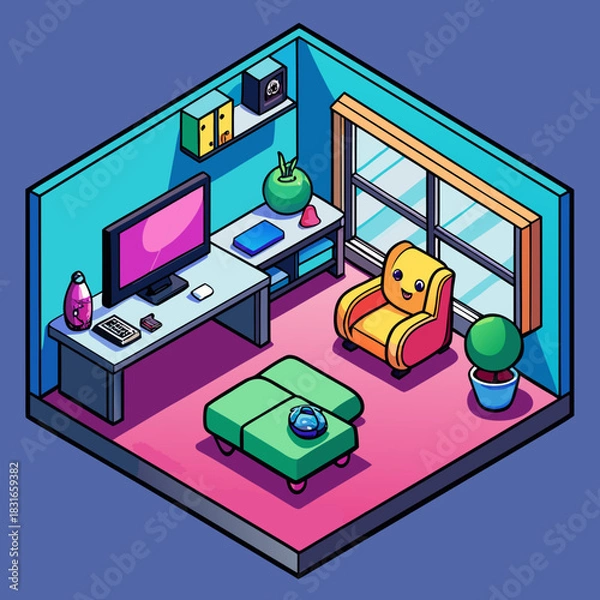 Fototapeta Cozy isometric room with cute furniture and computer setup