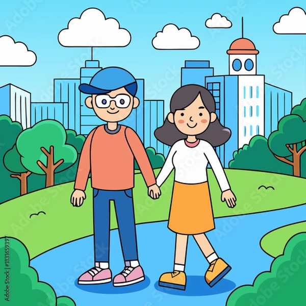 Fototapeta Happy couple holding hands walking in a park with city skyline background