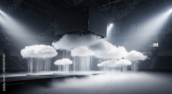 Fototapeta Artistic Cloud Installation with Light and Fog in Dark Room.