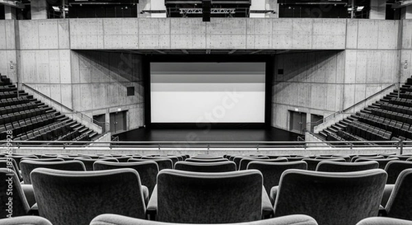 Fototapeta Empty auditorium with rows of seats facing a large screen.
