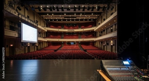 Fototapeta Empty theater auditorium with red seats and a soundboard.