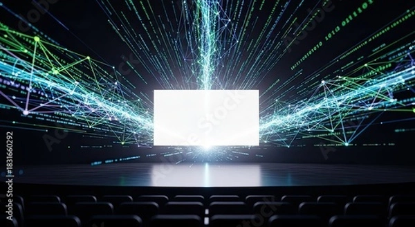 Fototapeta Futuristic conference stage with a glowing blank screen and abstract data connections.